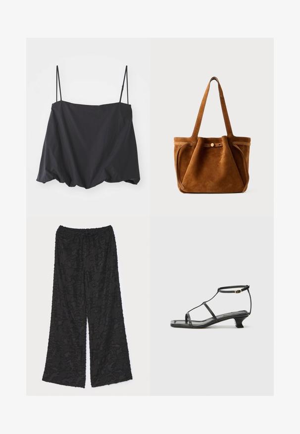 Black sleeveless top with thin straps, loose fit, and gathered hem. Made of lightweight fabric with a smooth texture.; Black wide-leg pants made of textured fabric with a floral pattern. Features an elastic waistband with a drawstring for adjustable fit.; Black leather sandal with a square toe, thin straps, adjustable ankle strap, and a low heel. Features a small gold accent on the strap.; Brown suede tote bag with dual handles, a button closure strap, and a relaxed, slightly slouchy shape.
