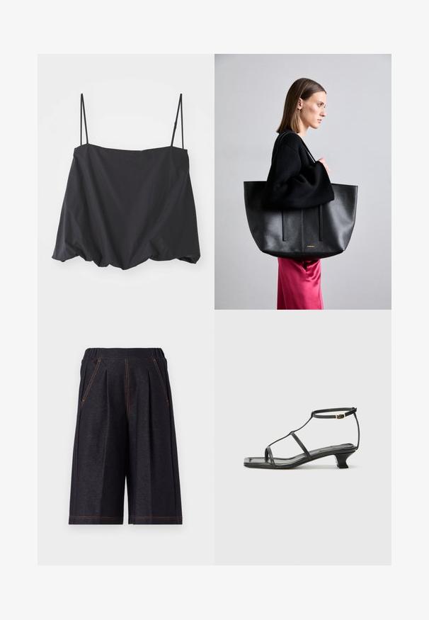 Black sleeveless top with thin straps, loose fit, and gathered hem. Made of lightweight fabric with a smooth texture.; Dark gray shorts made from soft fabric, featuring pleats and orange stitching accents. Elastic waistband for comfort, knee-length design.; Black leather sandal with a square toe, thin straps, adjustable ankle strap, and a low heel. Features a small gold accent on the strap.; Black leather tote bag with a textured finish, featuring two vertical lines, dual shoulder straps, and a minimalist design.