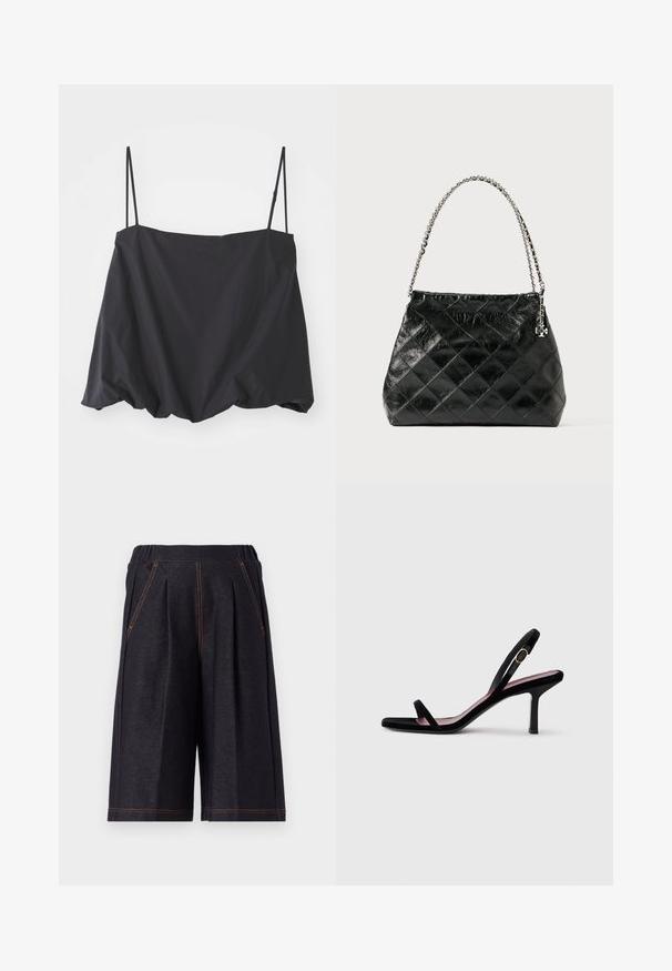 Black sleeveless top with thin straps, loose fit, and gathered hem. Made of lightweight fabric with a smooth texture.; Dark gray shorts made from soft fabric, featuring pleats and orange stitching accents. Elastic waistband for comfort, knee-length design.; Black suede women's high-heeled sandal with slim straps and a gold buckle on a white background, side view.; Black quilted leather handbag with a silver chain handle, featuring a structured design and smooth texture.
