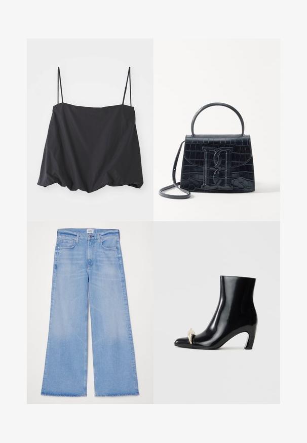 Fekete ujjatlan felső vékony pántokkal, laza szabással és gyűrt alsó résszel. Könnyű anyagból készült, sima textúrával.; Citizens of Humanity LOLI MID RISE BAGGY - Trapézfarmer - neroli/light indigo; Fekete bokacsizma fényes bőrből, hegyes orral és díszes arany- és ezüstszínű részlettel az elején. Tömör sarok kialakítás.; Fekete krokodilbőr hatású kézitáska, amelynek strukturált kialakítása van, felső fogantyúval, állítható pánttal és egy kiemelkedő elülső logó részlettel.