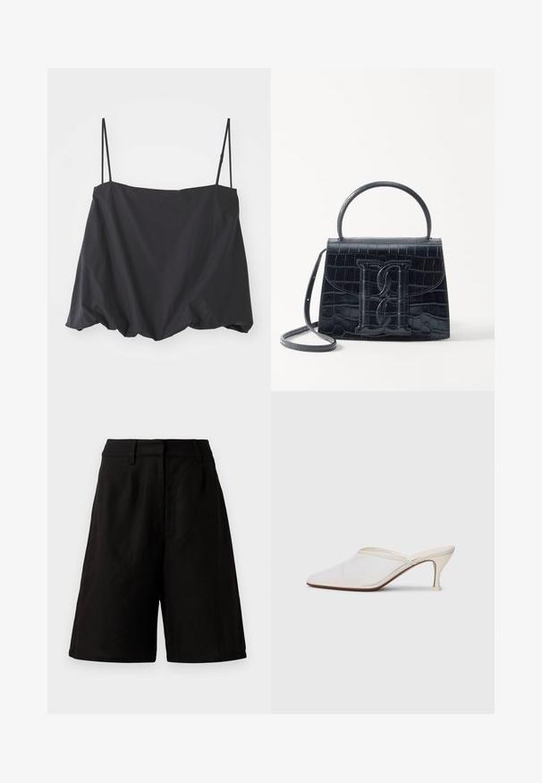 Schwarzes ärmelloses Oberteil mit dünnen Trägern, lockerer Passform und gerafftem Saum. Hergestellt aus leichtem Stoff mit glatter Textur.; Schwarze Shorts in lockerem Schnitt, aus leichtem Stoff mit glatter Textur. Sie verfügen über einen flachen Bund und minimale Details.; Weiße Mesh-Pantoletten mit spitzer Zehenform, schlankem Mittelabsatz und Slip-On-Design vor einem schlichten Hintergrund.; Schwarze Handtasche aus Krokodilprägung mit strukturiertem Design, Oberhandgriff, verstellbarem Tragegurt und einem auffälligen Logo-Detail auf der Vorderseite.
