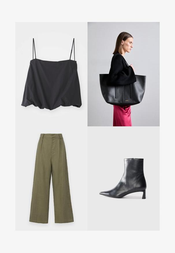 Črna brezrokavna majica s tankimi naramnicami, ohlapen kroj in zbrani rob. Narejena iz lahkega blaga z gladko teksturo.; Faithfull the brand IDA - Hlače - khaki; Črne usnjene gležnjarje s šiljastim nosom in elegantnim dizajnom. Imajo nizko peto in zadrgo na zadnji strani. Gladka tekstura.; Črna usnjena torba z teksturiranim zaključkom, ki ima dve navpični črti, dvojne naramnice in minimalističen dizajn.