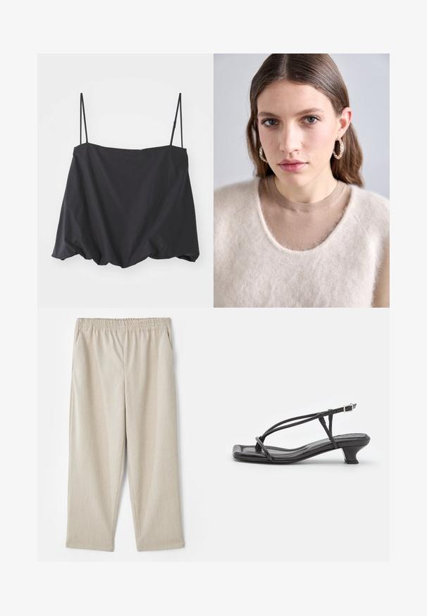 Black sleeveless top with thin straps, loose fit, and gathered hem. Made of lightweight fabric with a smooth texture.; Beige, lightweight pants made of textured fabric. Features an elastic waistband and side pockets, with a straight leg design.; Black leather sandal with thin straps, low block heel, and square toe. Features a buckle closure and smooth texture.; Light beige knit sweater with a fuzzy texture and wide neckline, layered over a fitted brown shirt. The model wears silver hoop earrings.