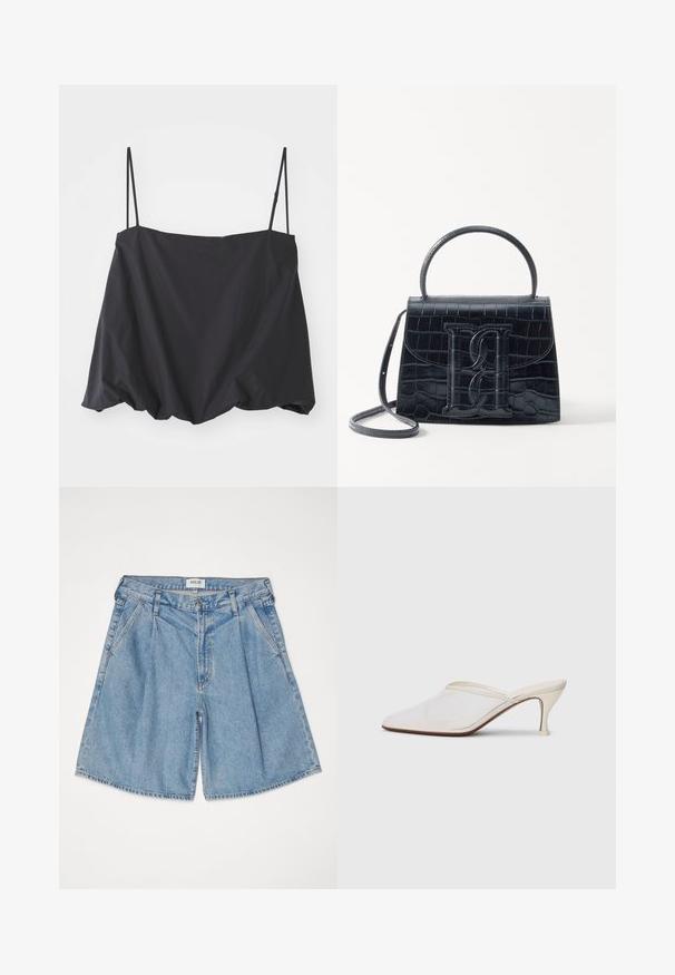Čierny bezrukávový top s tenkými ramienkami, voľný strih a nariasený lem. Vyrobený z ľahkého materiálu s hladkou textúrou.; Svetlomodré denimové kraťasy s voľným strihom, majú vysoký pás, bočné vrecká a zapínanie na gombík. Po celom povrchu so zosvetlenou textúrou.; Biele sieťované lodičky s špicatou špičkou, s úzkym stredne vysokým podpätkom a bez zapínania, na jednobodovom pozadí.; Čierna kabelka z krokodílovej embosovanej kože so štruktúrovaným dizajnom, horným uchom, nastaviteľným popruhom a výrazným predným logom.