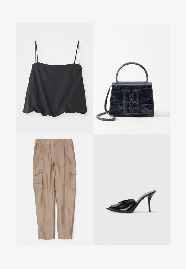Black sleeveless top with thin straps, loose fit, and gathered hem. Made of lightweight fabric with a smooth texture.; Beige cargo pants featuring a relaxed fit, multiple side pockets, and zip accents at the ankle. Made from a lightweight texture.; Black leather high-heeled mules with an open toe, pointed design, smooth texture, and a slim stiletto heel.; Black crocodile-embossed leather handbag with a structured design, top handle, adjustable strap, and a prominent front logo detail.