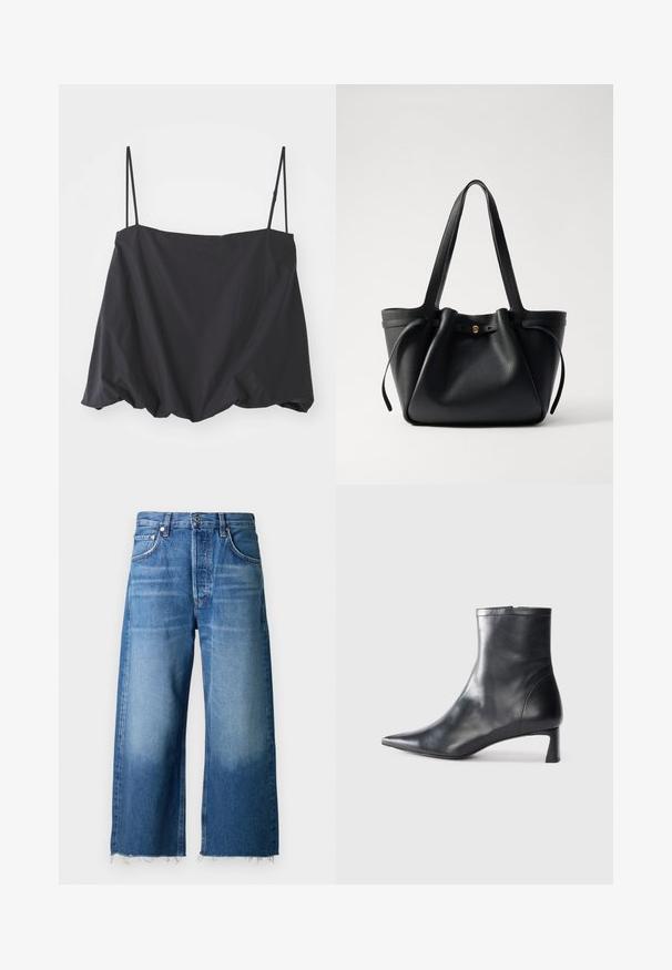 Fekete ujjatlan felső vékony pántokkal, laza szabással és gyűrt alsó résszel. Könnyű anyagból készült, sima textúrával.; Világoskék farmer széles nadrág, rojtolt szegéllyel, öt zsebbel és gombos derékrésszel tervezve.; Fekete bőr bokacsizma hegyes orral és letisztult dizájnnal. Alacsony sarka és hátsó cipzáras záródása van. Simának tűnő textúra.; Fekete bőrtáska két hosszú pánttal, összehúzott tetejével és arany kör alakú díszítéssel. Sima felület, minimalista design.