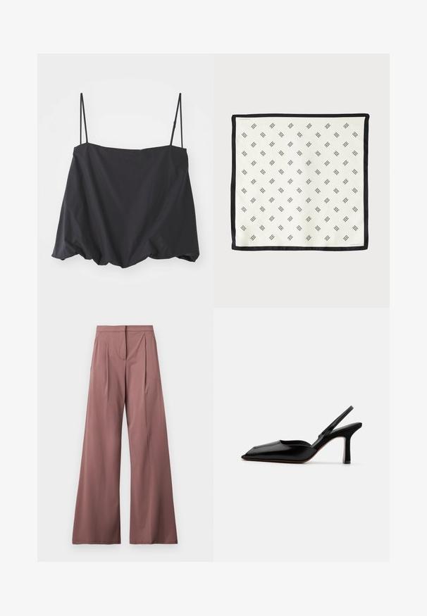 Schwarzes ärmelloses Oberteil mit dünnen Trägern, lockerer Passform und gerafftem Saum. Hergestellt aus leichtem Stoff mit glatter Textur.; Weite Hose in einem sanften Rosaton, aus glattem Stoff mit vorderen Falten und einer seitlichen Tasche. Schlichtes, elegantes Design.; Schwarzer Leder Slingback-Absatz mit spitz zulaufender Zehenpartie, minimalistisches Design, dünner Knöchelriemen und eleganter Stiletto-Absatz. Glatte Textur.; Weißes Seidentuch mit einem sich wiederholenden schwarzen geometrischen Muster, eingerahmt von einem solid schwarzen Rand. Leicht und mit glatter Textur.; Tory Burch ROMY PEBBLED SATCHEL - Handtasche - tiramisu