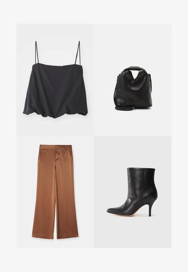 Black sleeveless top with thin straps, loose fit, and gathered hem. Made of lightweight fabric with a smooth texture.; Brown wide-leg trousers made of satin, featuring side pockets, a smooth texture, and a tailored waistband for a structured fit.; Black leather ankle boot with pointed toe, slim stiletto heel, and smooth texture. Minimalist design with no visible hardware or accents.; Black, soft leather bag with a unique twisted design. Features a short handle and a detachable shoulder strap. Minimalist style.