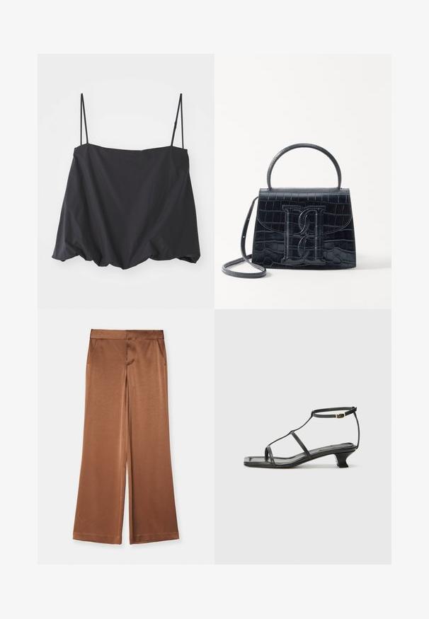 Black sleeveless top with thin straps, loose fit, and gathered hem. Made of lightweight fabric with a smooth texture.; Brown wide-leg trousers made of satin, featuring side pockets, a smooth texture, and a tailored waistband for a structured fit.; Black leather sandal with a square toe, thin straps, adjustable ankle strap, and a low heel. Features a small gold accent on the strap.; Black crocodile-embossed leather handbag with a structured design, top handle, adjustable strap, and a prominent front logo detail.