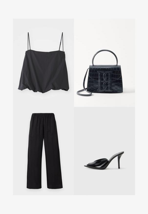 Black sleeveless top with thin straps, loose fit, and gathered hem. Made of lightweight fabric with a smooth texture.; Black wide-leg pants with a soft, lightweight fabric, featuring an elastic waistband and stitched hemline, offering a relaxed fit.; Black leather high-heeled mules with an open toe, pointed design, smooth texture, and a slim stiletto heel.; Black crocodile-embossed leather handbag with a structured design, top handle, adjustable strap, and a prominent front logo detail.