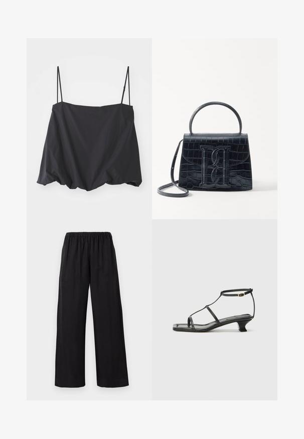 Zwarte mouwloze top met dunne banden, ruime pasvorm en gathered zoom. Gemaakt van lichtgewicht stof met een gladde textuur.; Zwarte wijde broek van een zachte, lichte stof, met een elastische tailleband en gestikte zoom, die een ontspannen pasvorm biedt.; Zwarte leren sandaal met een vierkante neus, dunne banden, een verstelbare enkelriem en een lage hak. Heeft een kleine gouden accent op de band.; Zwarte handtas van krokodillleer met een gestructureerd ontwerp, bovenhandvat, verstelbare schouderband en een opvallend voorlogo.
