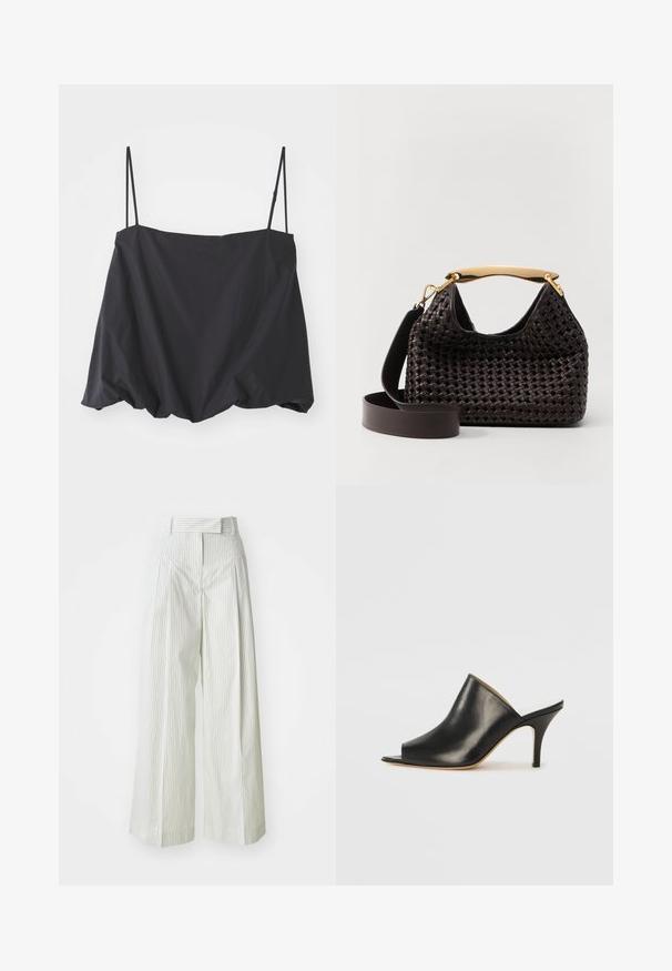 Črna brezrokavna majica s tankimi naramnicami, ohlapen kroj in zbrani rob. Narejena iz lahkega blaga z gladko teksturo.; Široke hlače svetlo zelene barve z navpičnimi belimi črtami. Imajo visok pas, obroče za pas in gladko bombažno teksturo.; Črne usnjene mule z odprtim prstom, z elegantno, ukrivljeno zasnovo, visokim stiletto peto in gladko teksturo. Notranjost je v kontrastni svetli barvi.; Elleme BOOMERANG WOVEN - Torbica - brown