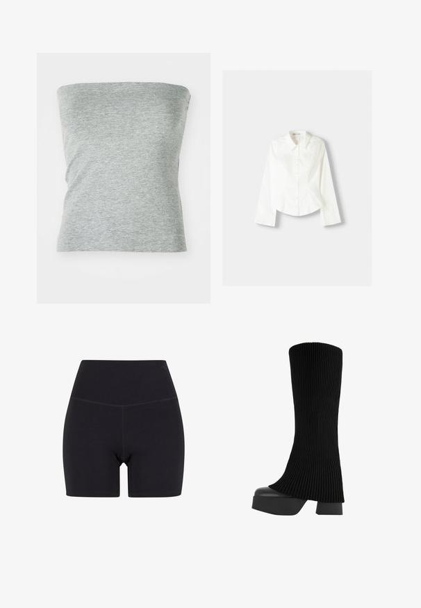 Grå strapless topp i mjukt, elastiskt material. Har en enkel design med en slät yta och inga synliga sömmar.; Vit skjorta med lång ärm, med klassisk krage, strukturerad passform och subtila vertikala sömmar för extra detalj.; Svarta högmidjade shorts av stretchigt material. Har resår i midjan, slät yta och midjehöjd med sömlös design.; Svart knähög stövel med ett ribbat tygövre, kraftig plattformssula och blockklack, med en slät yta och en elegant, modern design.