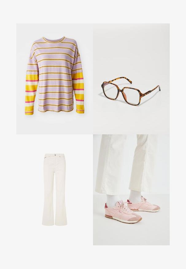 Pitkähihainen paita, jossa on lavendelinvärinen tausta ja vaalean keltaisia, vaaleanpunaisia ja kermanvärisiä vaakaraitoja. Ominaisuuksiin kuuluu pyöreä kaula-aukko ja ribbikuvioidut hihansuut.; Valkoiset leveä lahkeiset farkut, jotka on valmistettu puuvillasekoitteesta. Ominaisuuksiin kuuluu viisi taskua, edessä nappisulku ja näkyvät ompeleet saumoissa.; Vaaleanpunaiset urheilukengät, joissa on yhdistelmä sileitä ja teksturoituja materiaaleja. Ominaisuuksiin kuuluu viininpunainen yksityiskohta kantapään kohdalla ja valkoinen kumipohja.; Uudet kilpikonnakuosiset silmälasit, joissa on neliömäinen kehys, kirkkaat linssit ja teksturoitu pinta. Sangoissa on ohut, virtaviivainen muotoilu.; Harmaa kangaskassi, jossa on rento muotoilu, sileä pinta ja leveät hihnat. Kassi pidetään henkilön kädessä, joka on pukeutunut tummiin housuihin.