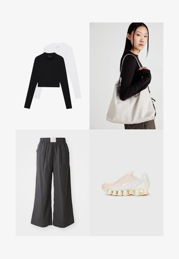 Kaksike losanga varrukatega soojad, mustad ja valged crop tops. Valmistatud pehmest kangast, ümarate kaelustega ja täpselt istuvast siluetist.; Mustriliste mustad ja hallid laiad püksid elastse vöökohtaga ning taga Nike logo silt. Kerge kangas, lai lõige.; Nike tossud, millel on läbipaistev pealis pehmete pastelltoonides, tekstuuriga paneelid ja iseloomulik pehmendatud tald, mis koosneb kihilisest segmentidest.; Bež käekott pehme materjali, millel on lõtv disain, õmblustega detailid ja kaks õlarihma. Sobib igapäevaseks kasutamiseks.