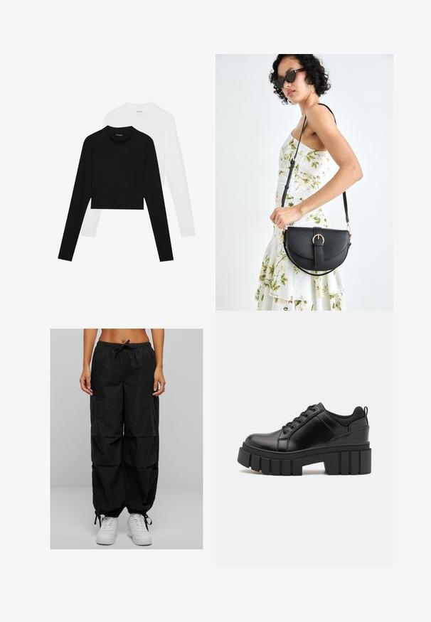 Juodos ir baltos spalvos dviejų ilgomis rankovėmis trumpų marškinėlių rinkinys. Pagaminti iš minkštos medžiagos, turintys apvalią iškirptę ir prigludusį siluetą.; Juodi cargo kelnės pasižymi raišteliu reguliuojamu liemeniu, laisvu siluetu ir daugybe kišenių. Audinys atrodo lengvas su matinio tekstūros paviršiumi. Derinamos su baltais sportiniais bateliais.; Juodi odiniai platformos batai su masyviu blokuota kulniuku, apvalia nosimi ir tradiciniu šnypštimo dizainu. Turintys glotnų paviršių ir minimalų dekoravimą.; Juodas odinis krepšys su išlenkta forma, nuimamu dirželiu ir auksiniais detalėmis. Krepšys turi kilpą su sagtimi.