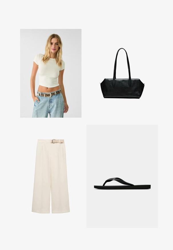 Haut court à manches courtes en crème, en maille côtelée, associé à un jean en denim bleu clair taille haute et une ceinture à motifs avec des clous et une boucle décorative.; Pantalons à jambe large de couleur crème clair, avec un devant plat, des plis et une ceinture assortie avec une boucle en métal.; Tong sandale en caoutchouc noir avec une bride en T texturée et une semelle plate simple, montrée de côté sur un fond clair.; Sac en cuir noir avec longues poignées, de forme rectangulaire, texture lisse et côtés inclinés, doté d'un design minimaliste et sans apparence de quincaillerie.