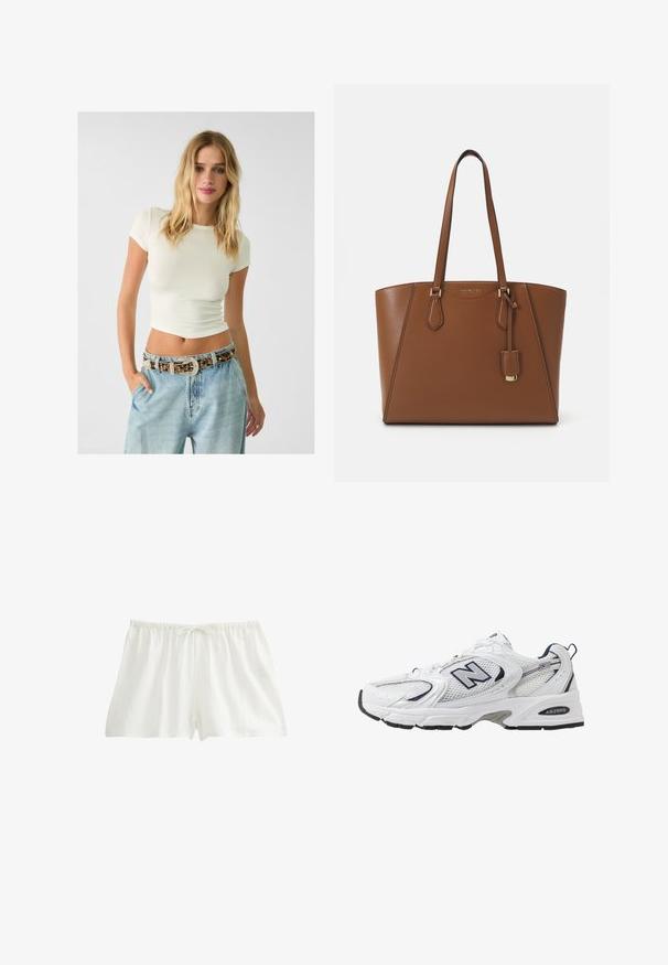 Krótki rękaw kremowy ryżowy crop top połączony z jasnoniebieskimi dżinsami z wysokim stanem i wzorzystym paskiem z ćwiekami oraz ozdobną klamrą.; Białe bawełniane szorty z elastycznym paskiem w talii i sznurkiem do regulacji. Lekka tkanina o teksturowym wykończeniu, zaprojektowana z myślą o komforcie i oddychalności.; Białe sportowe buty z siateczkową cholewką, granatowymi akcentami i wyściełaną podeszwą. Posiadają logo "N", sznurówki oraz teksturowany detal po boku.; Brązowa skórzana torba tote z dwoma ramiączkami, o wyraźnym kształcie, z metalowymi elementami w kolorze złota oraz dekoracyjną zawieszką przymocowaną z przodu.