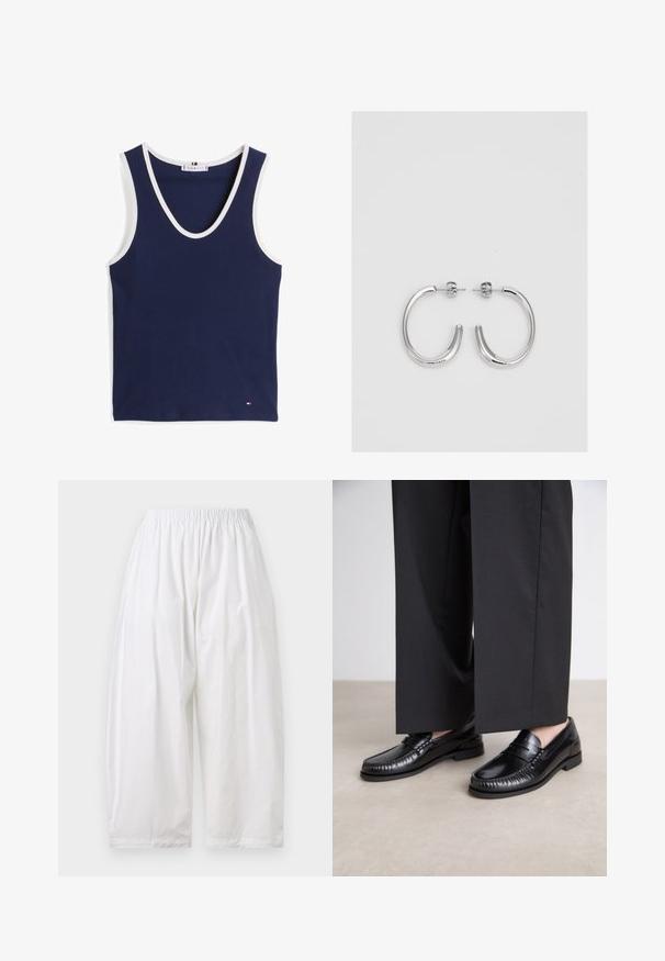 Tamsiai mėlynas be rankovių marškinėlis su V formos iškirpte, su kontrastingais baltais akcentais ir maža logo apačioje. Lygus, su briaunotu raštu.; Balti, laisvi kelnių su elastine juosmens juosta. Pagaminti iš lengvos medžiagos su lygiu paviršiumi. Trumpesnio ilgio ir be matomų užsegimų.; Juodi odiniai loaferiai su lygia apdaila, siuvinėjimu aplink pirštą ir žema gumine padu. Derinami su plačiomis juodomis kelnių.; Sidabriniai lankelio formos auskarai su lygiu, blizgiu paviršiumi, išlenktos formos ir su užsegimu. Minimalistinio dizaino su moderniu apdaila.