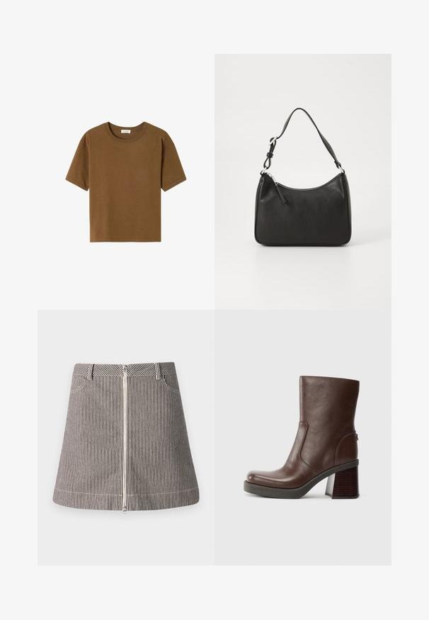 Ruda trumpų rankovių marškinėliai pagaminti iš švelnaus medvilnės audinio. Yra apvalus kaklo iškirpimas ir laisvas kirpimas, be papildomų raštų ar akcentų.; Juostuota džinsinė sijonas su priekiniais užtrauktukais, kišenėmis ir platėjančiu siluetu, juodos ir baltos spalvų su kontrastingais siūlų detalėmis.; Rudas odinis kulkšninis botas su apvaliu priekiu, glotnia tekstūra ir masyvi medinė pakulne. Šoninis siūlų detalizavimas ir subtilus spindesys.; Juoda odinė rankinė su išlenkta forma, viena dirželiu, užtrauktuko uždarymu ir subtiliu ženklinimu priekyje. Lygus paviršius, minimalistinis dizainas.