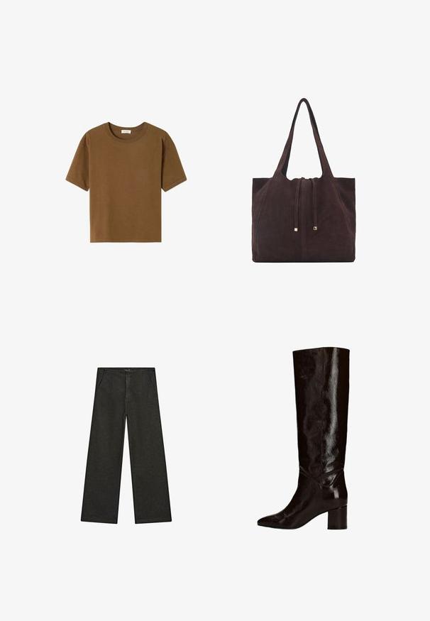 T-shirt marrone a maniche corte realizzato in morbido tessuto di cotone. Ha un collo rotondo e una vestibilità rilassata senza ulteriori motivi o dettagli.; Pantaloni in denim neri a gamba larga con vita media, due tasche frontali e un design pulito e minimalista senza decorazioni visibili.; Stivali marroni in pelle verniciata al ginocchio, con punta affilata e tacco robusto, caratterizzati da una finitura liscia e lucida e linee pulite.; Mango Shopping bag - dark brown
