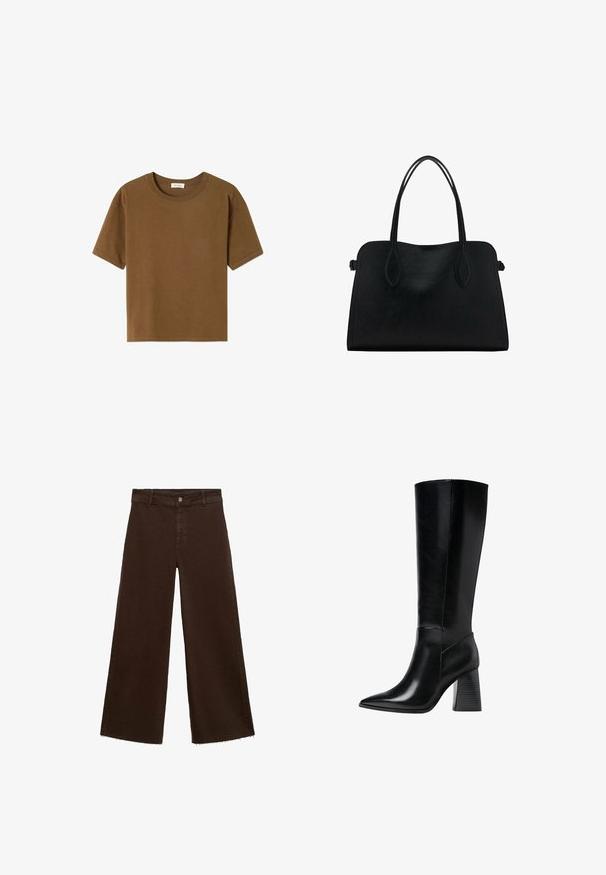 Ruskea lyhythihainen t-paita, joka on valmistettu pehmeästä puuvillakankaasta. Mukana pyöreä kaula-aukko ja rento malli ilman lisäkuvioita tai korostuksia.; Ruskeat leveät housut puuvillasekoituksesta, joissa on revitty helma, etunappikiinnitys ja perinteinen viisi-taskuinen muotoilu. Minimalistiset ja monikäyttöiset.; Polvisuoju mustat nahka-saappaat teräväkärkisillä, sileillä pinta-aloilla ja tukevalla uritetulla korolla vakauden saavuttamiseksi. Tyylikäs muotoilu, jossa on minimaaliset yksityiskohdat.; Mustavihreä nahkalaukku, jossa on kaksinkertaiset olkahihnat, suorakaiteen muotoinen ja minimalistinen muotoilu valkoisella taustalla.