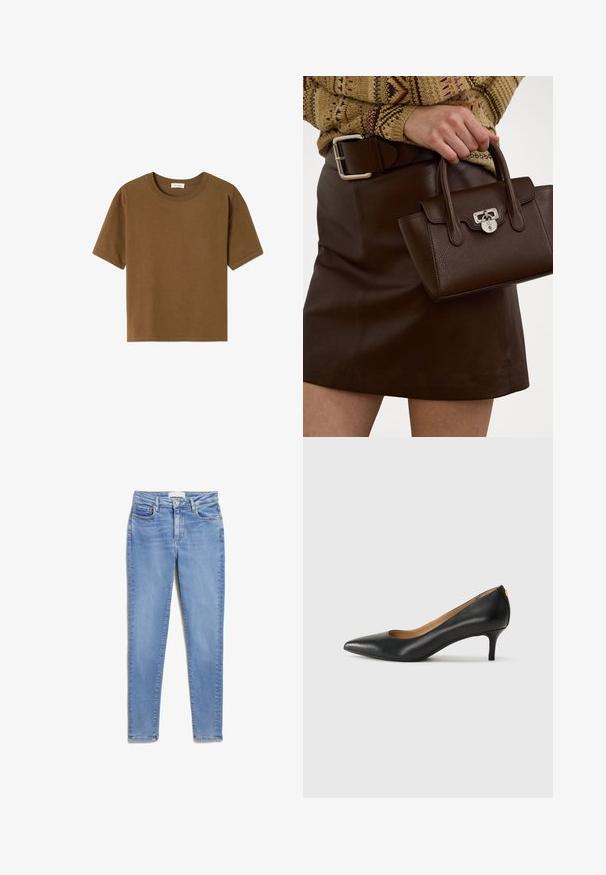 Camiseta de manga corta marrón hecha de suave tejido de algodón. Presenta un escote redondo y un corte holgado, sin patrones ni acentos adicionales.; ARMEDANGELS TILLAA X STRETCH - Vaqueros pitillo - sky blue; Zapato de tacón negro de cuero con punta afilada, tacón bajo y textura suave. Presenta una ligera apertura en la parte frontal y un hardware minimalista en la parte trasera.; Bolso de mano de cuero marrón con un acabado texturizado y herrajes plateados, sostenido con una mano al lado de una falda de cuero marrón y un suéter con estampados.