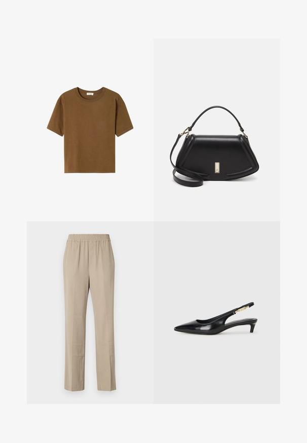 Brun kortærmet t-shirt lavet af blødt bomuldsstof. Har en rund halsudskæring og en afslappet pasform uden yderligere mønstre eller accenter.; Beige, lette bukser med elastisk talje, lige ben, blød tekstur og subtile folder. Ingen synlige lommer.; Sorte læder slingback hæle med spids tå, der har en slank hæl og en guldfarvet detalje på den justerbare rem. Glat tekstur.; Sort læderhåndtaske med en struktureret design, der har en kortet form, tophåndtag og guld hardware-accenter. Justerbar skulderrem inkluderet.