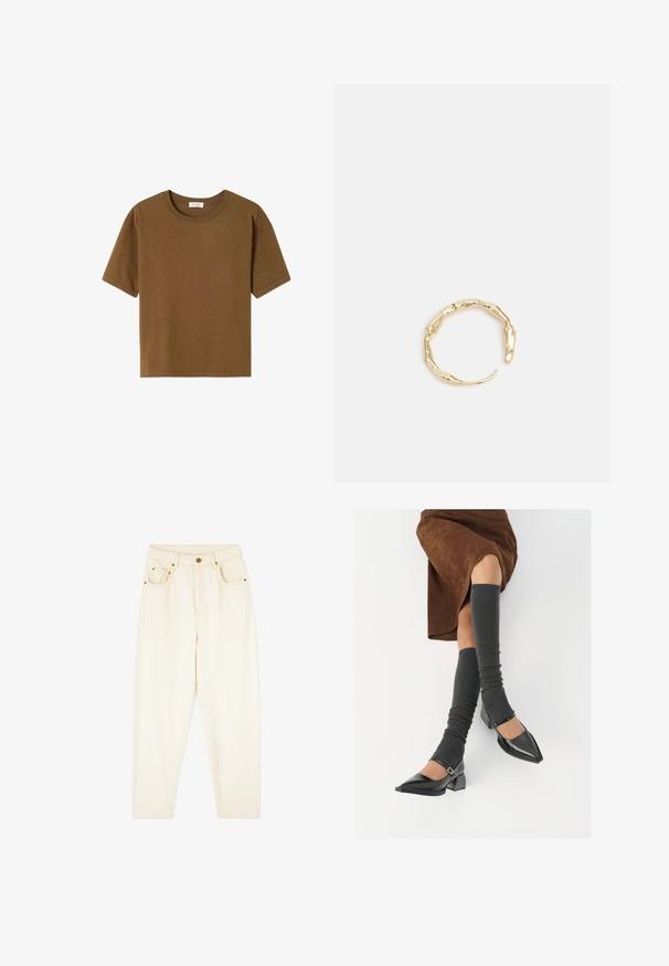 Rjava majica s kratkimi rokavi, narejena iz mehke bombažne tkanine. Ima okroglo ovratnico in sproščen kroj, brez dodatnih vzorcev ali akcentov.; Kremne jeans hlače s ravnimi nogavicami, dvema sprednjima žepoma in z zlatimi dodatki. Gladka tekstura s klasičnim oblikovanjem.; Črne lakirane čevlje s pointy prsti in blok peto ter z naramnicami za gleženj, ki jih kombiniramo s sivimi rebrastimi nogavicami in rjavim suknjičem iz usnja.; Zlati prstan s organskim, zvitim dizajnom, gladko površino in taperiranimi konci, ki ustvarja modernega, skulpturalnega videza.