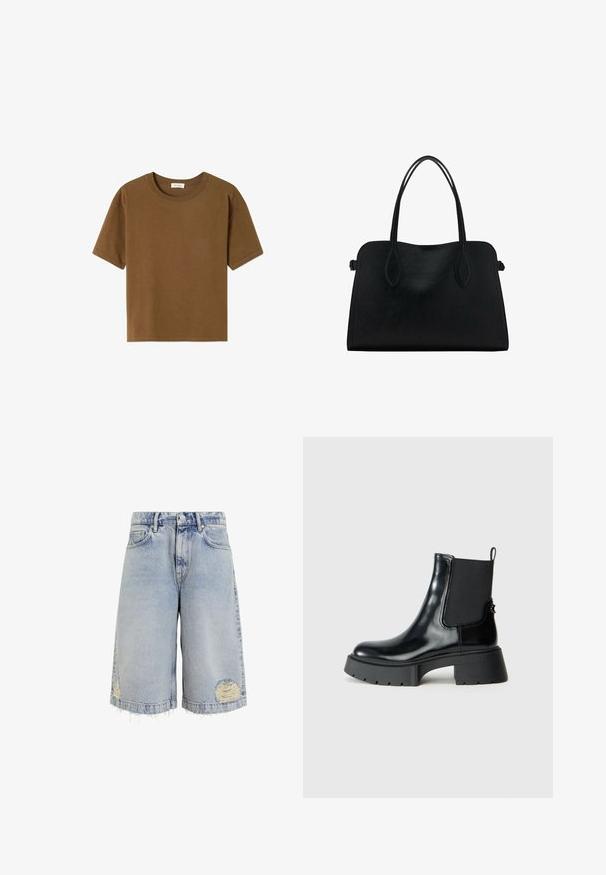 Brun kortärmad t-shirt i mjuk bomull. Har en rund halsringning och en avslappnad passform utan ytterligare mönster eller detaljer.; Ljusblå denimshorts med en vid skärning, fransad fåll och slitna områden med synliga sömmar. Klassisk femficksdesign.; Svarta ankelskor i glänsande läder med elastiska sidopaneler, dragflik och en kraftig gummisula med ett strukturerat mönster.; Svart läderhandväska med dubbla axelremmar, rektangulär form och minimalistisk design på vit bakgrund.