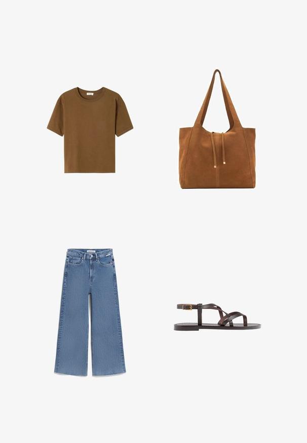 Brun kortärmad t-shirt i mjuk bomull. Har en rund halsringning och en avslappnad passform utan ytterligare mönster eller detaljer.; Breda blå jeans av denim. Har en midja med medelhöjd, framfickor och en ren finish med subtila blekningar för textur.; Bruna lädersandaler med korsade remmar, spänne runt vristen och en platt sula med minimala sömnadsdetaljer.; Brun mockaläders toteväska med två långa remmar, dragsko-stängning och minimalistisk design. Slät textur och inga synliga metallaccenter.