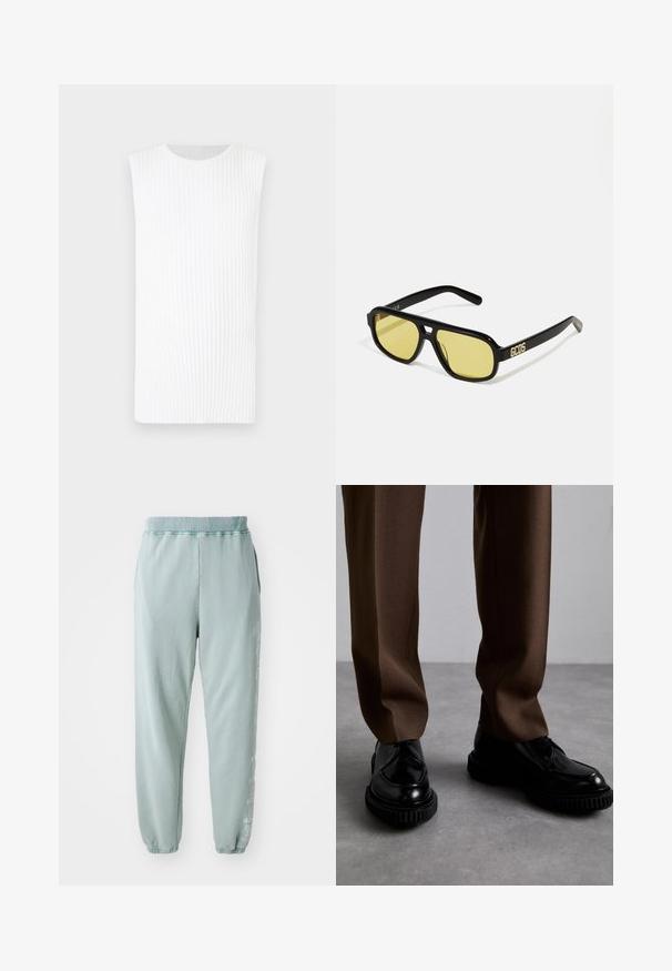 Weißes ärmelloses Oberteil mit gerippter Textur, runder Ausschnitt und figurbetontem Schnitt. Weicher Stoff, minimalistisches Design.; Helle grüne Sweatpants aus weichem Baumwollmaterial, mit einem elastischen Bund, seitlichen Taschen und dezenten grafischen Details entlang eines Beins.; Schwarze Lederschuhe mit gerippten schwarzen Sohlen, kombiniert mit braunen, maßgeschneiderten Hosen aus einem glatten, strukturierten Stoff.; GCDS UNISEX - Sonnenbrille - shiny black