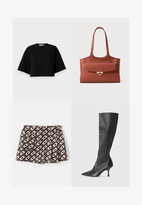 Schwarzes, kurzes T-Shirt aus Baumwolle mit einem runden Halsausschnitt und kurzen, weiten Ärmeln für einen lockeren Sitz. Glatte Textur, schlichtes Design.; Marken-Shorts mit einem braun- und cremefarbenen geometrischen Muster, zwei seitlichen Taschen und goldenen Hardware-Akzenten. Der Stoff hat eine glatte Textur.; Knöchelhoche schwarze Lederstiefel mit einer spitzen Zehe und einem schlanken Stiletto-Blockabsatz. Glatte Textur mit einer enganliegenden Passform und Nähten am oberen Rand.; Braune Leder-Tote mit langen Trägern, Fronttasche mit Klappe und goldener herzförmiger Verschluss, graviert mit "Love Moschino."