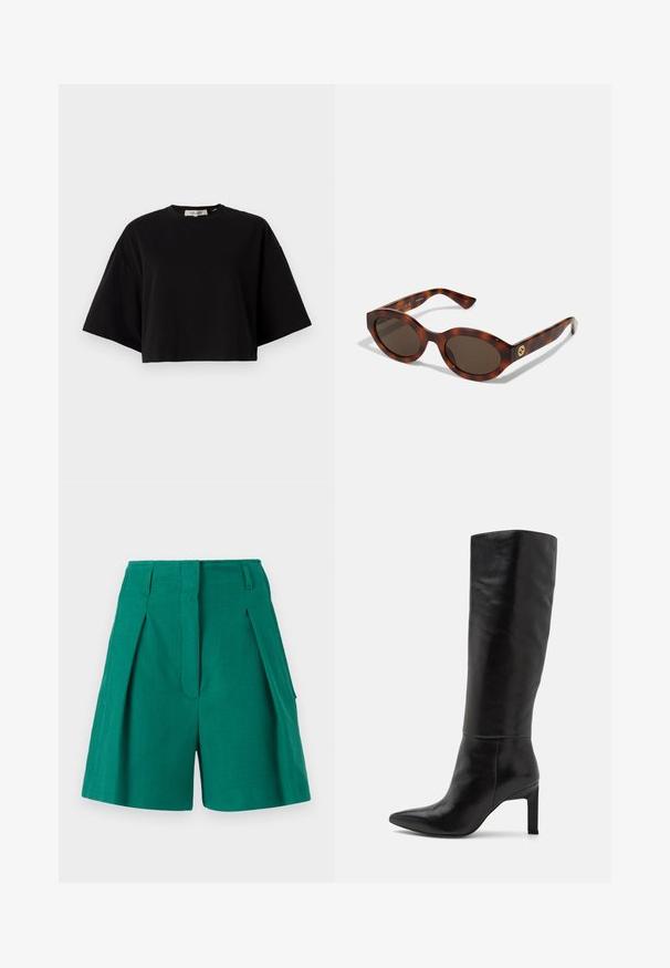 Črna kratka majica iz bombaža, z okroglo izjemo in kratkimi, širokimi rokavi za ohlapen kroj. Gladka tekstura, preprost dizajn.; Zelene kratke hlače z teksturirano tkanino, detajli gub in stranskimi žepi. Oblikovanje je krojeno z visokim pasom in ravnim krojem.; Črne usnjene knie visoke stiletto škornje z ostrim nosom in gladko teksturo. Petni del je blokaste oblike, kar dodaja stabilnost oblikovanju.; Želve sončne očala s okroglimi okvirji, temnimi lečami in zlatim logotipom na tempeljih. Gladek plastični material, brez vidnih vzorcev.