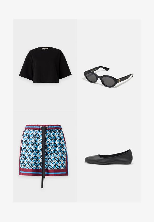 Svart kortärmad t-shirt i bomull med rund halsringning och korta, vida ärmar för en avslappnad passform. Slät struktur, enkel design.; Kort kjol med ett blått och svart geometriskt mönster, elastisk midja med snörning och vinröd kant längs botten.; Svart läderballerinaskor med rund tå, slät yta, minimala söm detaljer och en flexibel sula.; Svarta ovala solglasögon med mörka linser och blank plastbåge. Utrustade med en gyllene logotyp på bågen, vilket ger en snygg och modern design.; Svart handväska i texturerat läder med rundad form. Har en tunn axelrem och dekorativa präglade mönster.