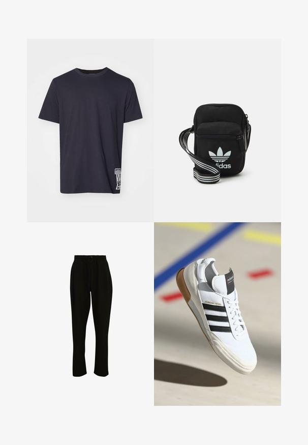 Mustapaita, jossa on pyöreä kaula-aukko, lyhyet hihat ja valkoinen logopatchi alhaalla. Sileä tekstuuri, normaali mitoitus.; Mustat, ribbimäiset housut, joissa on joustava vyötärönauha, nauhavyö ja leveät lahkeet. Kangas on pehmeä ja sileä.; Valkoiset Adidas Mundial Goal -kengät mustilla raidoilla ja kuminpohjalla, esillä ilmassa urheiluhallin lattian ylle, jossa on värillisiä viivoja.; Musta kangas olkalaukku vetoketjulla, jossa on valkoinen Adidas-logo ja raidallinen säädettävä hihna helppoa kantamista varten.