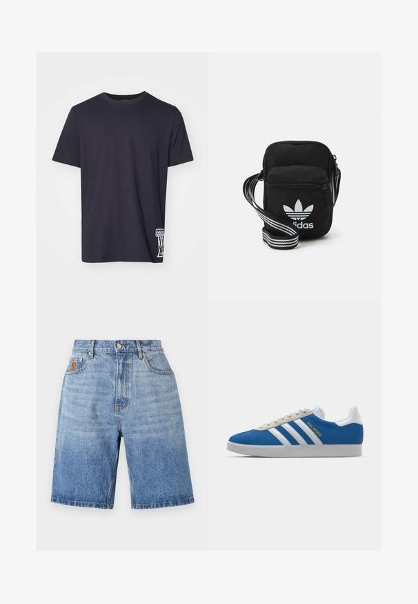 Juoda medvilninė marškinėliai su apvalia iškirpte, trumpomis rankovėmis ir baltu logotipo ženkleliu apatinėje pusėje. Lygus paviršius, standartinė silueto forma.; Mėlyni džinsiniai šortai su laisvu siluetu, turintys mygtukinį užsegimą, penkis kišenes ir oranžinį logotipo ženkliuką priekyje. Su blukimo efektu.; adidas Originals ADIDAS GAZELLE SHOES - Salės futbolo bateliai - real madrid/bluebird/footwear white/crew yellow; Juodas audinio per petį nešiojamas krepšys su užtrauktuku, turintis baltą Adidas logotipą ir dryžuotą reguliuojamą diržą patogiam nešiojimui.