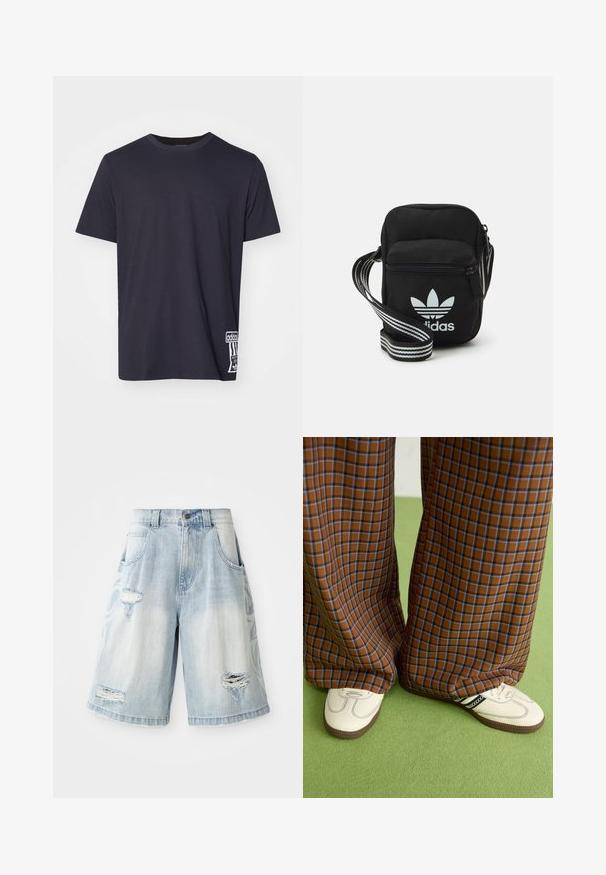 Melna kokvilnas t-krekls ar apaļu kakla izgriezumu, īsām piedurknēm un baltu logos uz apakšējās malas. Gluda tekstūra, regulāra piegriezuma.; Gaiši zili džinsu šorti ar nolietojušos detaļām un plēsumiem. Brīvs piegrieziens ar standarta jostasvietu un priekšējām kabatām.; Brūni un zili rūtaini platās kājas bikses, kas savienotas ar baltām kurpēm ar melniem akcentiem un teksturētām zolēm, uz zaļa fona.; Melna auduma crossbody soma ar rāvējslēdzēja aizdari, kurai ir balts Adidas logo un svītrainas regulējamas siksnas ērtiem pārvietošanās veidiem.