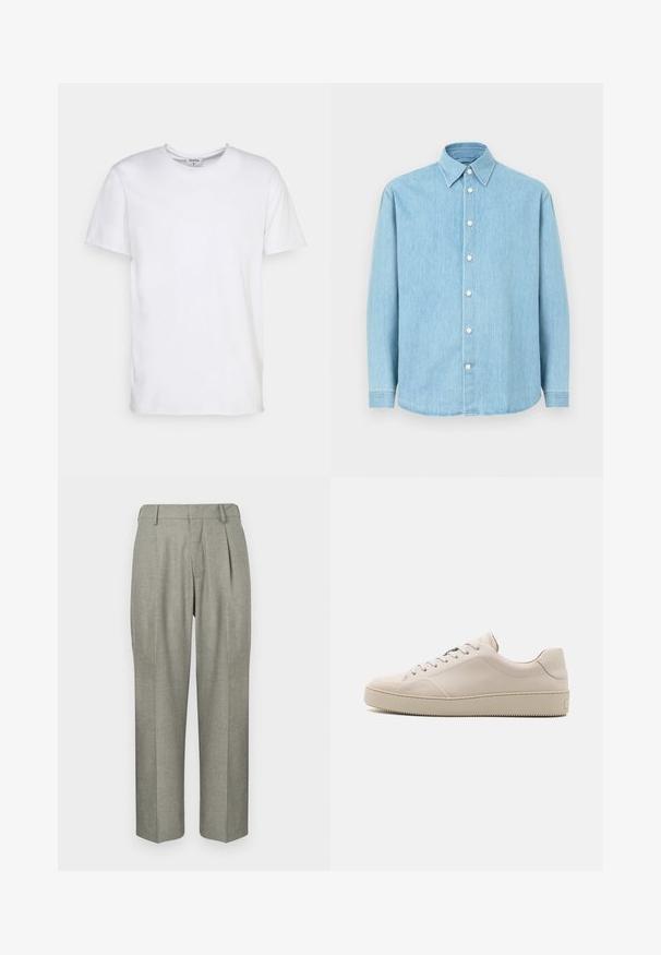 White short-sleeve t-shirt made of cotton. Features a round neckline and a relaxed fit with no visible patterns or accents.; Light blue denim long-sleeve button-up shirt with pointed collar and white buttons, displayed against a plain background.; Light gray trousers in a textured fabric. Features a straight-leg design, pleats in the front, and a flat waistband.; Beige leather sneakers with a smooth finish, rounded toe, flat sole, and classic lace-up design. Subtle stitching accents and textured outsole.