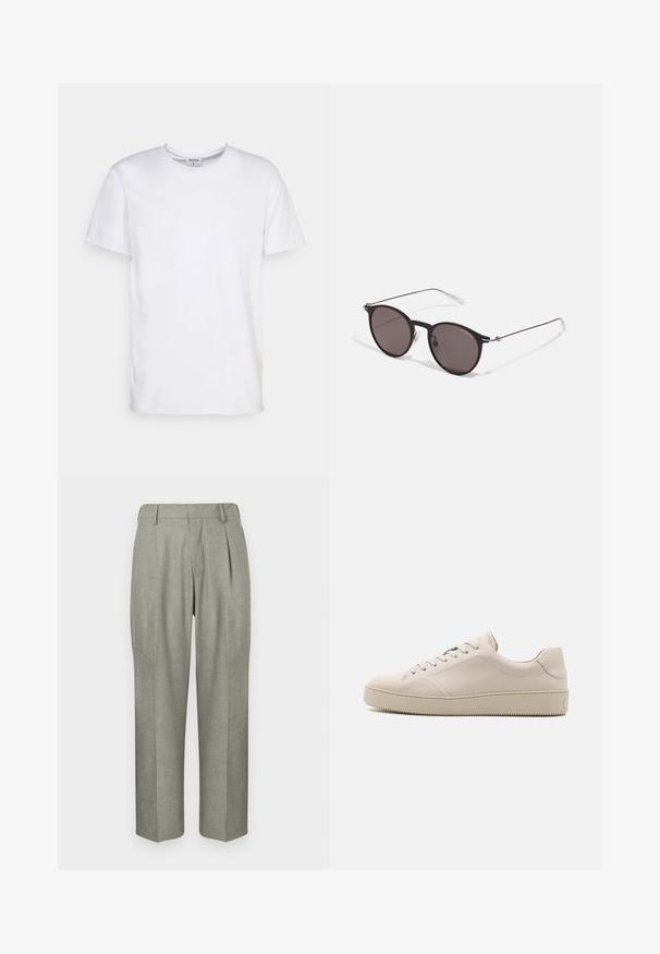 Hvid kortærmet t-shirt lavet af bomuld. Har en rund halsudskæring og en afslappet pasform uden synlige mønstre eller detaljer.; Lys grå bukser i et struktureret stof. Har en lige ben-design, plissee foran og en flad talje.; Beige lædersneakers med en glat finish, rund tå, flad sål og klassisk snøredesign. Subtile syninger og struktureret ydersål.; Sorte runde solbriller med mørke linser og slanke metalarme. Inkluderer klare tempeltips og sølvdetaljer ved hængslet. Minimalistisk design.
