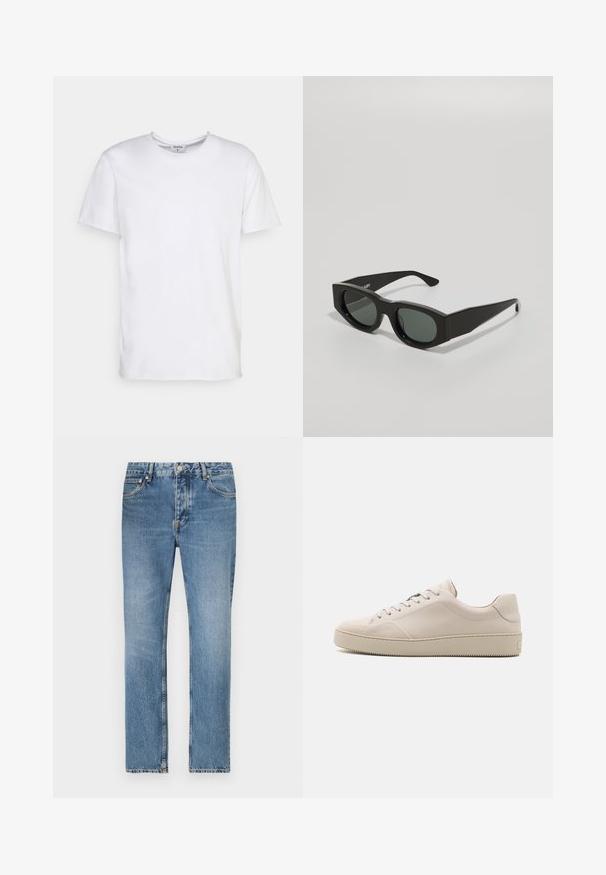 Balts īsām piedurknēm T-krekls, kas izgatavots no kokvilnas. Tam ir apaļa apkakle un brīvs piegriezums bez redzamām rakstainēm vai akcentiem.; Gaiši zili džinsu bikses ar taisnu kāju griezumu, piecām kabatām un ar rāvējslēdzēju aizdari. Izteikta izbalēšana un šuvju detaļas.; Bežīgas ādas sporta kurpes ar gludu virsmu, noapaļota purngala daļa, plakanā zole un klasiskā sasienamo kurpju dizains. Subtilas šuves akcenti un teksturēta zole.; Melni taisnstūra saulesbrilles ar zaļiem tonētiem objektīviem, biezām apmalēm un plakaniem kājiņām, kas raksturojas ar gludu plastmasas tekstūru.