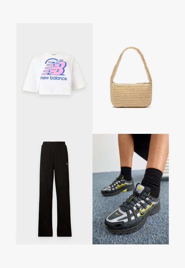 Balts īsais krekliņš, izgatavots no kokvilnas, ar lielu rozā un zilā krāsā drukātu grafiku ar "new balance" logo un stilizētiem burtiem.; Melni ribota plaša piegriezuma bikses ar elastīgu jostu un nelielu dekoratīvu logotipu, ar gludu tekstūru un pilna garuma dizainu.; Melnas un pelēkas sporta apavus ar atstarojošām sudraba akcentiem, teksturētām acs paneļiem un spilgti dzelteniem akcentiem. Kaklāts dizains ar strukturētu zoli.; Aizsietu salmu somiņa gaiši bežā krāsā, ar gludu auduma oderi, ar rāvējslēdzēju un noapaļotu siksnu vieglai nēsāšanai.
