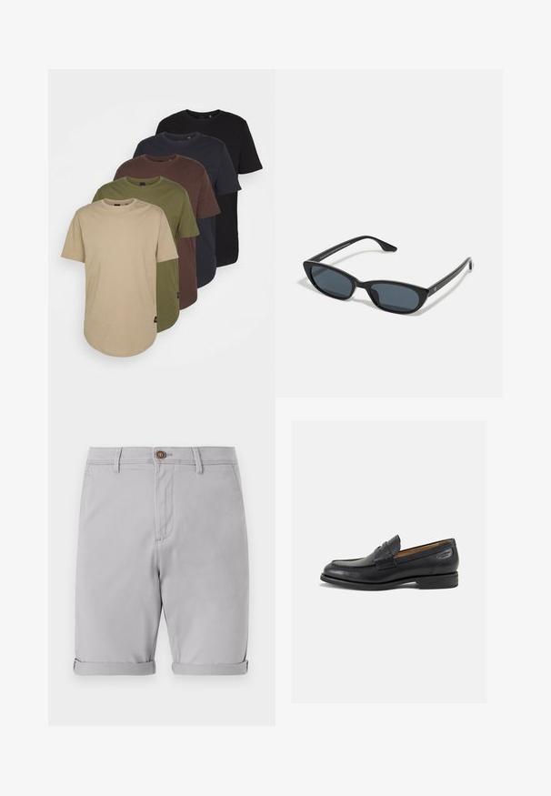 Fünf T-Shirts in verlaufenden Farben angeordnet: beige, oliv, braun, dunkelblau und schwarz. Hergestellt aus weicher Baumwolle mit kurzen Ärmeln und Rundhalsausschnitt.; Helle graue Baumwollshorts mit umgeschlagenen Säumen, einem einzelnen Knopfverschluss vorne und seitlichen Taschen, die eine glatte Textur und ein maßgeschneidertes Design aufweisen.; Schwarze Leder Slipper mit glatter Oberfläche, runder Spitze und dekorativer Naht auf dem Vorderblatt. Niedriger Blockabsatz und leichter Glanz.; Schwarze Cat-Eye-Sonnenbrille mit dunklen Gläsern, Kunststoffrahmen, schlanken Bügeln und dezentem Branding an der inneren Seite des Bügels. Matte Oberflächenstruktur.