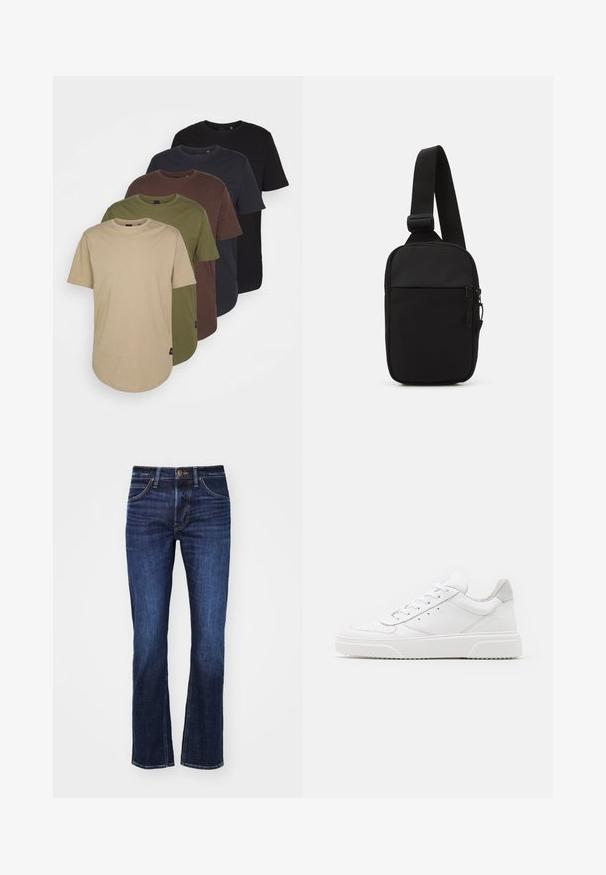 Viis t-särki, mis on paigutatud gradatsioonivärvides: beež, oliiviroheline, pruun, tume sinine ja must. Valmistatud pehmest puuvillast, lühikeste varrukatega ja ümarate kaelustega.; Tumedast sinise denimi teksad sirge jalaga lõikega, viie tasku, nööbiga sulgemise ja esiküljel peent pleekimist.; Valged nahast spordijalatsid siledast nahast viimistlusega, ümarate varvastega, lamekestega ja tekstuuriga tallaga. Hall suede aktsent kanna juures.; Mustmust crossbody kott mustekangast, millel on üks reguleeritav rihm, lukuga põhiosas ja eesmine tasku.