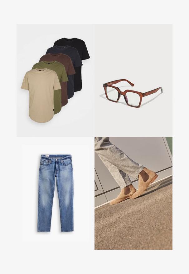 Cinque t-shirt disposte in colori sfumati: beige, oliva, marrone, blu scuro e nero. Realizzate in cotone morbido, con maniche corte e collo rotondo.; Jeans in denim azzurro chiaro con taglio dritto, caratterizzati da zone sbiadite, design a cinque tasche e rivetti in rame. Chiusura con bottone standard in vita.; Stivali Chelsea in camoscio marrone con pannelli elastici laterali e una suola in gomma liscia color tan, abbinati a pantaloni grigi chiari su una superficie texturizzata.; Occhiali rettangolari oversize marroni con lenti trasparenti e una leggera sfumatura rosa sulla lente destra. Montatura in plastica con texture liscia.