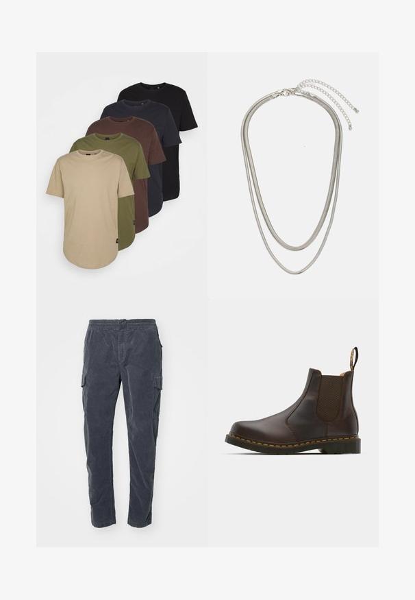 Fem t-skjorter arrangert i gradientfarger: beige, oliven, brun, mørk blå og svart. Laget av myk bomull med korte ermer og rund hals.; Mørkegrå cargo bukser med elastisk liv, sidelommer og et blødt, struktureret stof. Lige ben design med minimal detaljering.; Brune lær Chelsea støvle med elastiske sidepaneler, teksturert hæl og kontrastfarget gul søm. Har en løfletapp for enkel påkledning.; Tre-lags sølvmetallkjede med elegante, fleksible kjeder med en svak glans, sikret med en krabbe-lås og justerbar kjede.