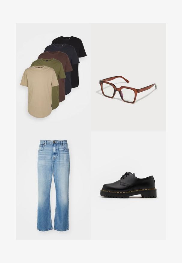 Five t-shirts arranged in gradient colors: beige, olive, brown, dark blue, and black. Made of soft cotton with short sleeves and round neck.; Light blue denim flared jeans with a high waist, faded finish, five pockets, and contrasting stitching. Classic button and zipper closure.; Black leather lace-up shoe with a rounded toe, textured rubber sole, and yellow stitching around the base. Flat design and smooth finish.; Brown oversized rectangular glasses with clear lenses and a slight pink tint on the right lens. Plastic frame with smooth texture.