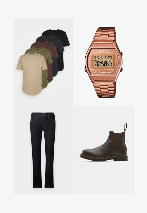Viisi t-paitaa järjestettynä gradienttiväreissä: beige, oliivi, ruskea, tummansininen ja musta. Valmistettu pehmeästä puuvillasta, lyhyillä hihoilla ja pyöreällä kauluksella.; Tummansiniset farkut suoran lahkeen leikkauksella, joissa on oranssia ommelta, viiden taskun muotoilu ja etunapitus.; Ruskean nahkainen Chelsea-kengä, jossa on elastiset sivupaneelit, teksturoitu korko ja kontrastivärinen keltainen tikkaus. Varustettu vetoketjulla helppoa pukemista varten.; Digitaalinen Casio-kello, jossa on ruusukultainen metalliranneke, suorakaiteen muotoinen kuori, valaistu näyttö ja vedenkestävyys, näyttää ajan ja päivämäärän.