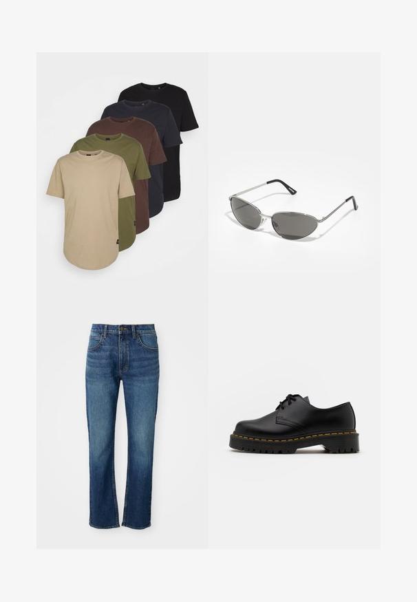 Öt, színátmenetes kialakítású póló: bézs, olíva, barna, sötétkék és fekete. Puha pamutból készült, rövid ujjú és kerek nyakkivágású.; Kék farmernadrág egyenes szárú kivitelben, öt zsebbel, gombos cipzárral és kontrasztos sárga varrással. Simább textúra.; Fekete bőr, fűzős cipő lekerekített orral, texturált gumitalppal és sárga varrással az alján. Lapos design és sima felület.; Sötétített lencsékkel rendelkező napszemüveg, elegáns, ezüst színű fém vázzal, aerodinamikus kialakítással, hegyes szélekkel és vékony szárakkal.