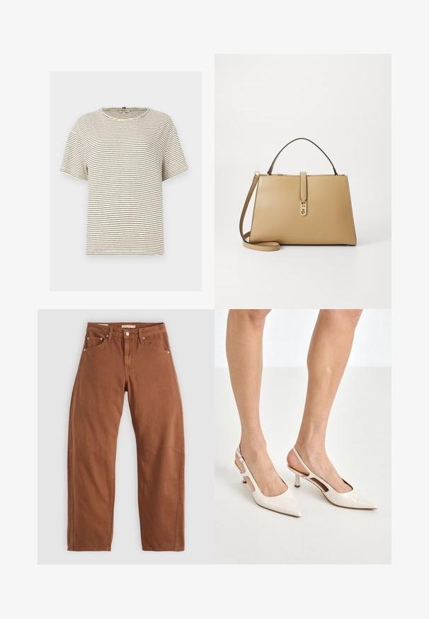 Raidoitu, lyhythihainen T-paita vaaleassa sävyssä, jossa on mustia vaakasuoria raidoja. Ominaisuuksiin kuuluu pyöreä kaula-aukko ja rento leikkaus. Valmistettu pehmeästä kankaasta.; Ruskon väriset suorat lahkeet, joissa on etu- ja takataskut, metalliset niitit, napitus ja vyölenkit, asetettuna tasaiseksi valkoista taustaa vasten.; Beige patenttaja nahkaslingback-korkokengät, joissa on teräväkärkinen muotoilu ja 5 cm:n korko. Kenkäparissa on leikattuja reunoja ja ohut nilkkaremmi.; Tommy Hilfiger LIBRE SATCHEL - Käsilaukku - safari